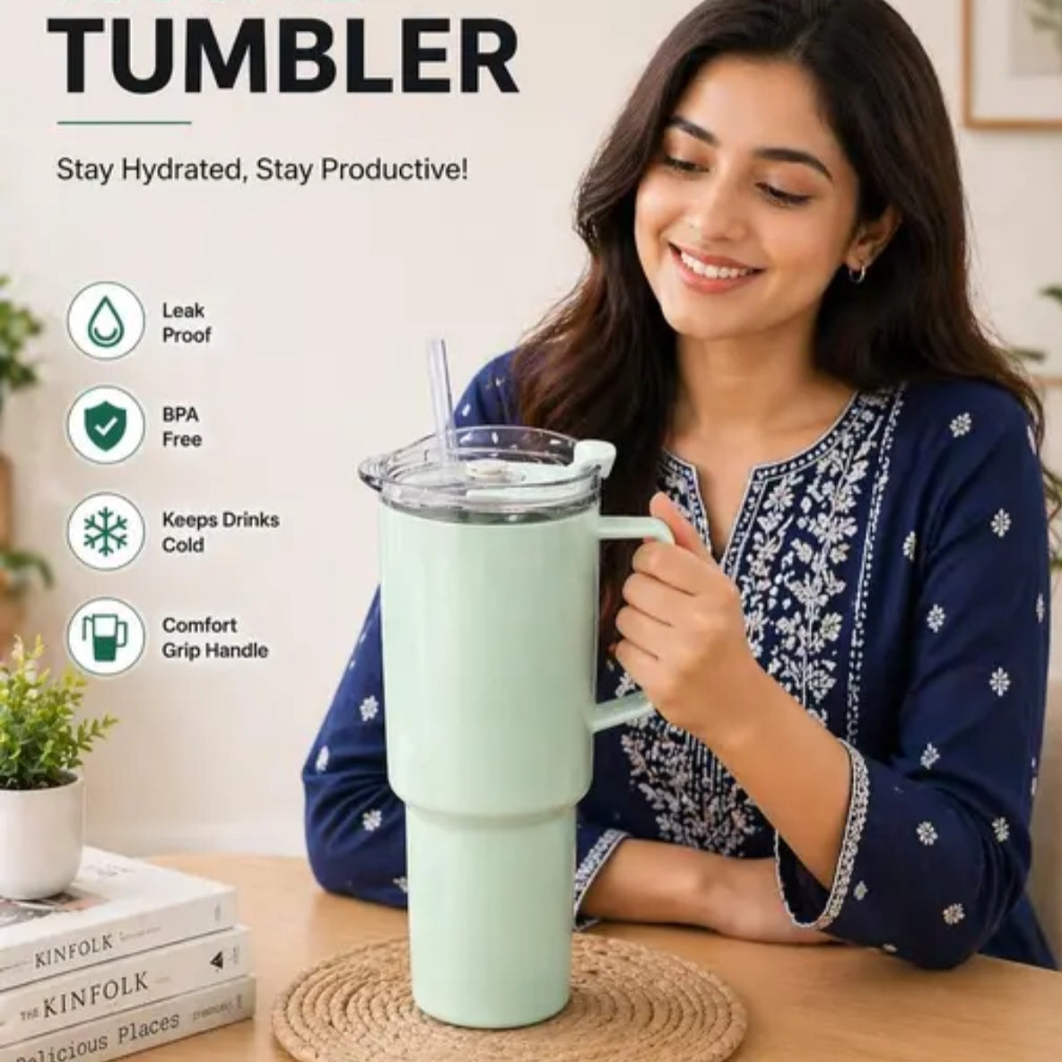 Insulated Tumbler Mug 1200ml + 5 straw